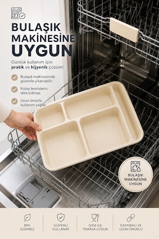 5 Bölmeli Bpa İçermez Lüks Plastik Piknik Yemek Servis Tabağı-tabldot Servis Tabağı Krem -21 31 3,5 Cm