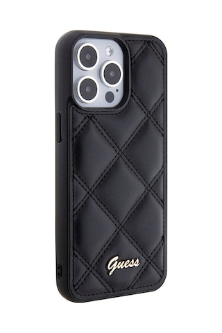 Apple Uyumlu iPhone 15 Pro Max Kılıf Guess Lisanslı Pu Deri Metal Yazı Logolu Kapitone Kapak Siyah