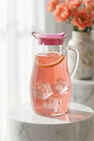Lav Misket Cam Sürahi Tekli 1,8 L Kulplu Pembe Plastik Kapaklı