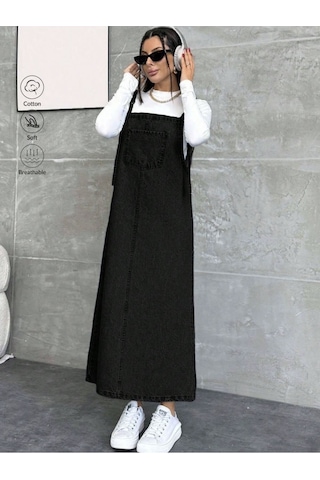 Shevega Kadın Uzun Siyah Bahçivan Askili Elbise Siyah