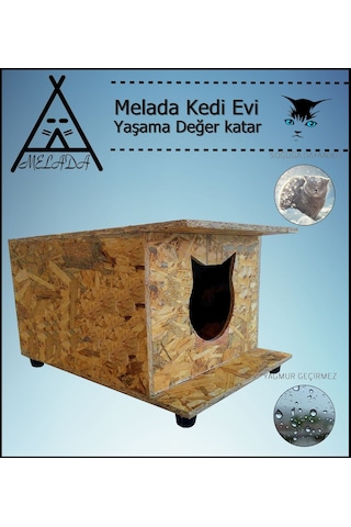 Melada Kedi Evi Dış Ortam Uygun Ahşap Kedi Evi Osb 47x36x25 Cm
