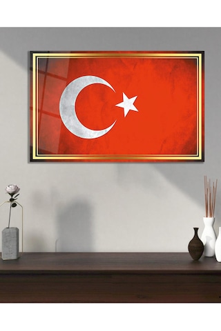 Bayrak Cam Tablo Modern Ofis Makam Odası Hediyelik Büyük Tablo Duvar Dekoru
