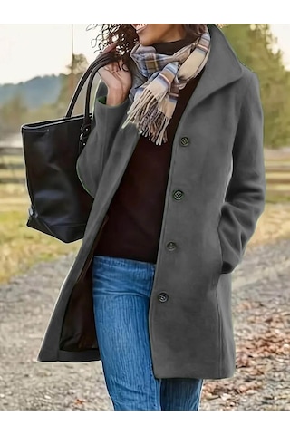 Kadın Uzun Kollu Dik Yakalı Önden Düğmeli Kısa Kaşe Kaban Gri