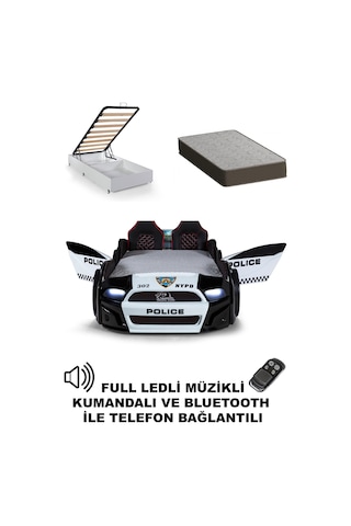 Bazalı Arabalı Yatak Polis Kapıları Açılan Mst Full Ledli Kumandalı Ve Müzikli+ortopedik Yatak