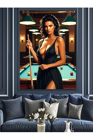 Ahşap Tablo Bilardo Istakası Tutan Kadın Aşk Temalı Tablolar