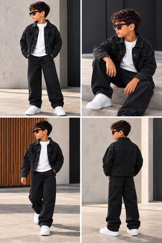Toikids Erkek Çocuk Jean Ceketli Pantolonlu 2'li Denim Takım Siyah