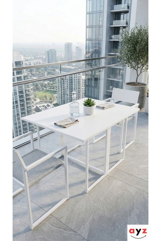 Ayz Vorkır 2 Katlanır Çalışma Masası Yemek Masası Mutfak Masası Balkon Masası Beyaz - Beyaz