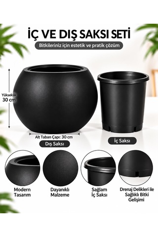 Siyah Yuvarlak İç Ve Dış Saksı Seti 27 Litre Dış Saksı 9,5 Litre İç Saksı Modern Dekoratif Büyük Boy Saksı -