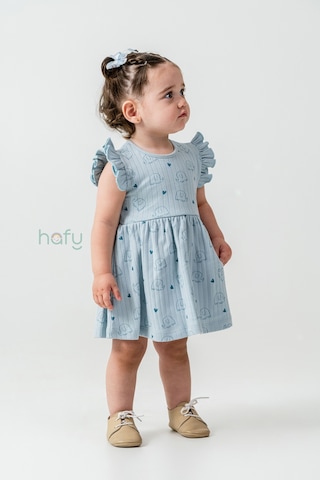 Hafy Baby Fırfır Kollu, Neşeli Fil Desenli, Yazlık Kız Çocuk / Bebek Elbisesi Açik Mavi