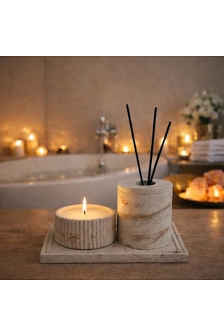 Beton Banyo Seti, Mum, Difüzör Oda Kokusu Kabı Ve Dekoratif Tepsi, Banyo Dekoru, 4 Parça Set, Koku Çubuk Hariç Diğer