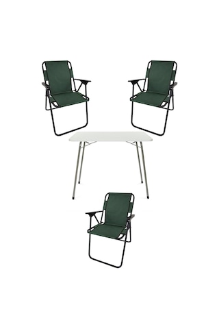 Bofigo 60x80 Beyaz Katlanır Masa + 3 Adet Katlanır Sandalye Kamp Seti Bahçe Takımı Yeşil Açık Ceviz