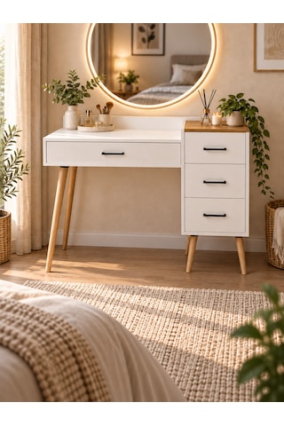 Dorm Çekmeceli Ahşap Ayaklı Makyaj Masası - Beyaz- Atlantik Çam - 120x90 Cm Beyaz - Çam