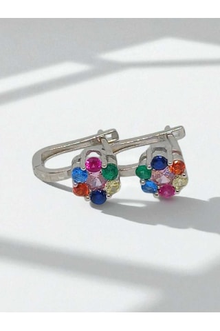 925 Ayar Gümüş Rengârenk Taşlı Çiçek Model Küpe Canlı Ve Neşeli Tasarım Gümüş