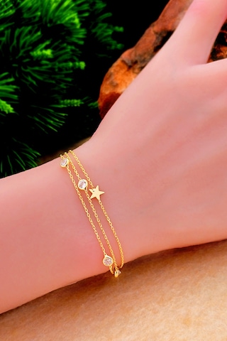 Silvera Telkari Yıldız Gümüş Bileklik Altın Rengi Taşlı Üç Zincirli Kadın Gümüş Bileklik 925 Ayar St374 Altın Kaplama