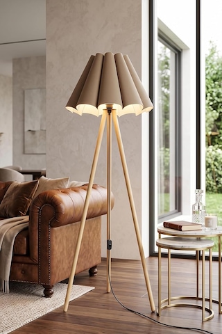 Woody Tripod Flora Cappuccino Zemin Lambaderi, Kumaş Başlıklı Ayaklı Lamba Ve Salon Oturma Odası Aydınlatması - Modern Dekoratif Yer Lambası Diğer