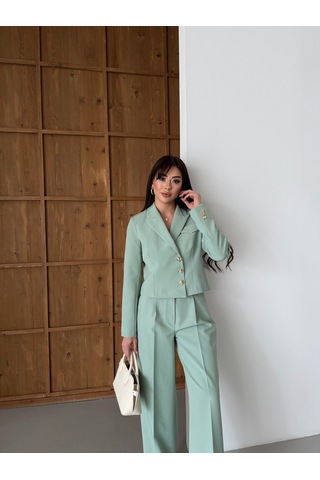 Lovelf Gold Düğmeli Kısa Ceketli Bol Paça Takım Mint Mint Yeşili