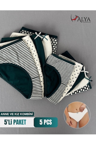 Alya Underwear Anne Kız Kombin Pamuklu Külot - Beyaz Slip İç Çamaşırı - 5'li Paket Yeşil P22