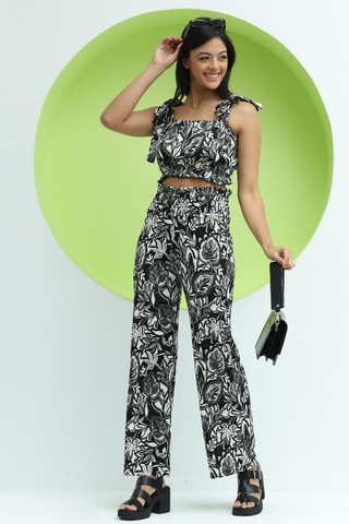 Kadın Crinkle Kumaş Croptop/pantolon Takım Siyah