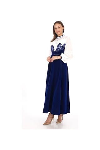 Göğüs Dantel İşlemeli Kadife Abiye 2743- Saks