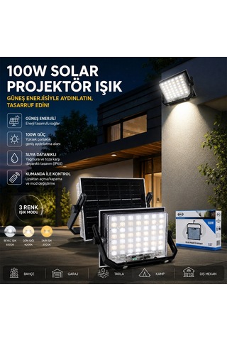 100w Güneş Enerjili Led Işık Solar Projektör - Fener Kamp - Dış Mekan 3 Farklı Led Işık 348960 Lmb Bx40