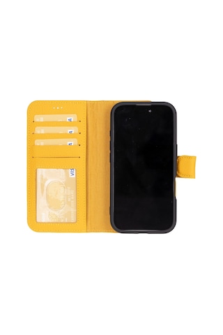 Apple Uyumlu iPhone 16 , Hakiki Deri, El Yapımı, Cüzdanlı Kılıf, Limon Sarı Siyah