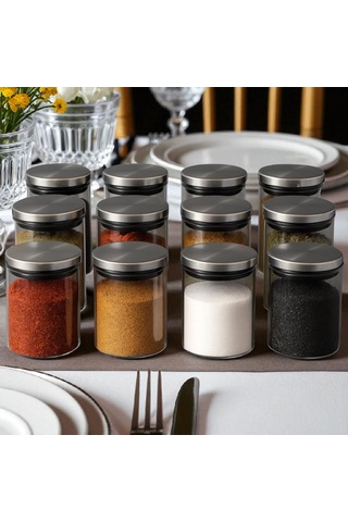 300 Ml 70 Mm X 100 Mm 12 Lı Borosilikat Cam Baharatlık Seti-sızdırmaz Sılıkonlu Metal Kapak Beyaz