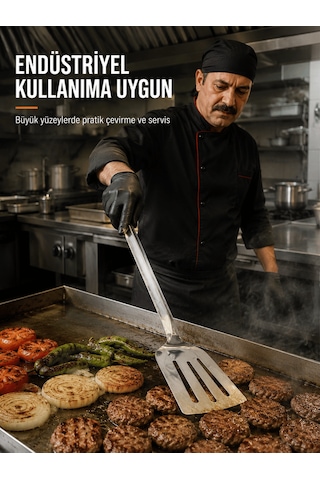 Beylini Endüstriyel Servis Spatulası Delikli Paslanmaz Çelik Uzun Saplı Geniş Yüzeyli Asılabilir Izgara Tava Lokanta Okul Yemekhane Profesyonel No3 Gri
