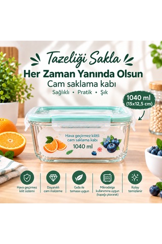 Çemi 3'lü Kilitli Dikdörtgen Cam Saklama Kabı Seti Hava Geçirmez Saklama Kabı