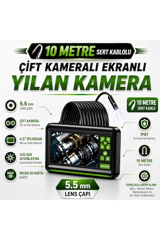 10 Metre Çift Lens Ekranlı Yılan Kamera 5.5mm Lens Sert Kablo