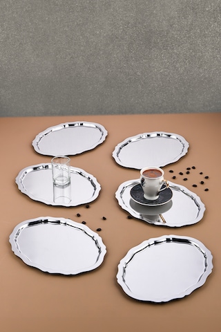 6 Adet Paslanmaz Çelik Oval Dalgalı Sade Kahve Ve Sunum Tepsisi 25x20 cm