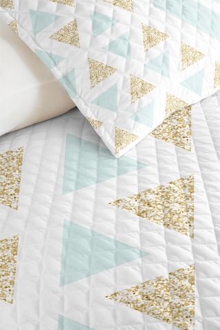 Geometrik Mint Genç Odası Tek Kişilik Pike Takımı-üçgen Beyaz Gold 160x220 Cm Kapitone Yatak Örtüsü Hafif Sis Ufku