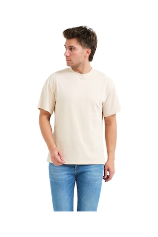 Justever 100% Pamuk Oversize Fit Bisiklet Yaka Bej Erkek T-shirt - Alpha Bej
