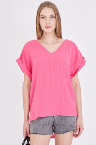 Armonika Kadın Fuşya V Yaka Yanları Yırtmaçlı Arkası Uzun Duble Kol Detaylı Oversize Bluz Arm-24y001074
