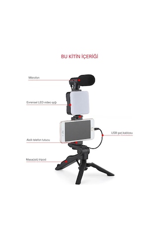 Shopytech 5 İ 1 Arada Mikrofonlu Led Işıklı Vlog Kiti Tabanca Tutuşlu Masaüstü Tripod & Selfie Stick 1 Adet
