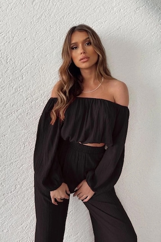 Fashion Cocktail Düşük Omuz Yazlık Lastikli Bohem Sahil Pantolon Krop Göbek Açık Kadın Takım Siyah