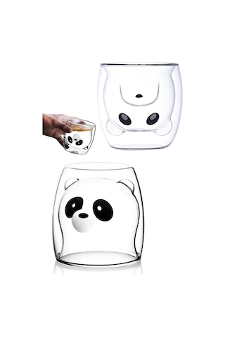 Panda Çift Cidarlı Bardak Süt Çay Kahve Su Bardağı 250ml Isı Yalıtımlı Kupa Bardak Seti