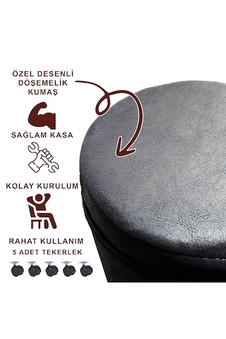 Siyah Nubuk Kumaş 5 Tekerlekli Yuvarlak Puf Modern Dekoratif Oturma Pufu