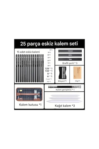 Kara Kalem Çizim Seti, Eskiz Kalem Seti, Dereceli Kalem Set, Kömür Kalem, Kalemlikli-25 Parça