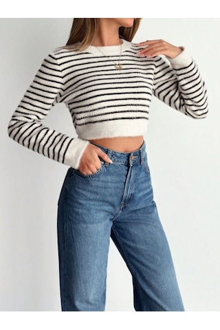 Saklımoda Kadın Uzun Kollu Balıkçı Yaka Crop Triko Bluz Beyaz