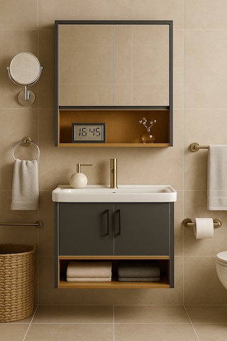 Legna 80 Cm Antrasit&ahşap Banyo Dolabı Takımı Alt Ve Üst Dolap