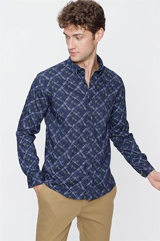 Lacivert Uzun Kol Baskılı Düğmeli Yaka Slim Fit Dar Kesim Klasik Gömlek 1004220289-lacivert Lacivert