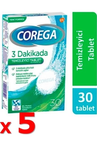 Corega 3 Dakikada Protez Temizleyici Tablet 30'lu x 5 Paket