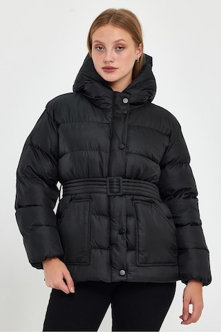 Alisse-kadın Siyah Kapüşonlu Kemerli Şişme Mont Kaban Siyah