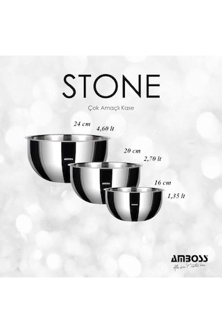 Amboss Stone 3 Lü Paslanmaz Çelik Karıştırma Kasesi Çok Amaçlı