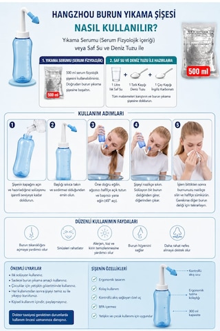 Hangzhou Burun Yıkama Şişesi 300ml Neti Pot Burun Kanalları Durulama Seti + Osel Burun Yıkama Sıvısı 500ml