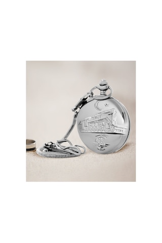 Hediye Vakti Kişiye Özel TCDD Tren Kabartmalı 20 MM Silver Köstekli Cep Saati