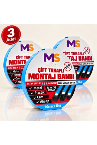 3 Adet Ultra Güçlü 10 Mm X 10 Mt Çift Taraflı Köpük Montaj Bandı Metal Plastik Cam Bantı Bantları