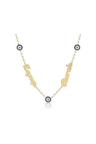 İndigo Takı Işıklı Kutuda Kişiye Özel Nazarlı İki İsimli Gümüş Kolye Gold