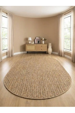 Sisal Jut Hasır OVAL Model Tek Renk Dokuma Yıkanabilir Toz Vermez Halı Krem Bej