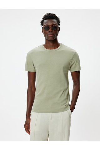 Koton Basic Tişört Slim Fit Dokulu Kısa Kollu Haki 4sam10730hk Haki